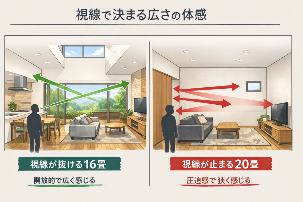 視線が抜ける16畳と視線が止まる20畳の比較図