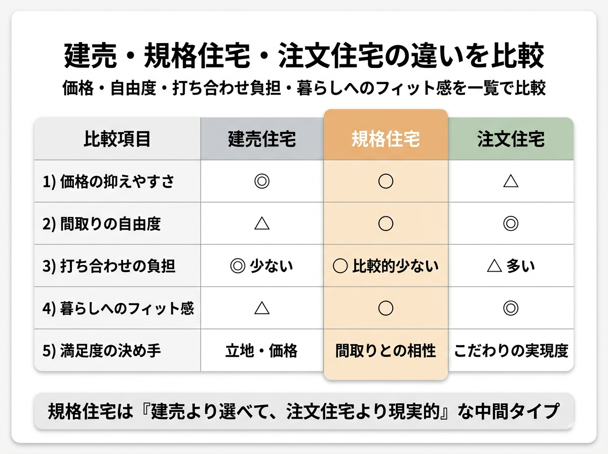 建売住宅・規格住宅・注文住宅の違いを比較した図解